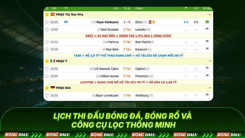 Lịch thi đấu bóng đá, bóng rổ và công cụ lọc thông minh